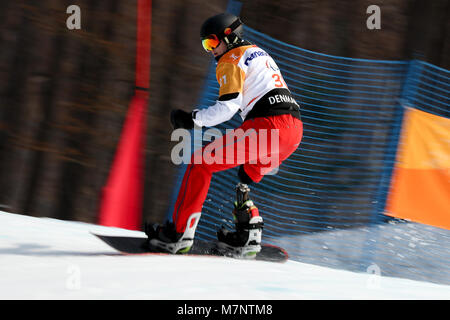 PyeongChang, Südkorea. 12 Mär, 2018. Paralympics, Jeongseon Alpine Center, Snowboard Cross der Männer: Dänemarks Daniel Wagner in Aktion. Foto: Jan Woitas/dpa-Zentralbild/dpa Quelle: dpa Picture alliance/Alamy leben Nachrichten Stockfoto