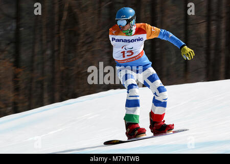 PyeongChang, Südkorea. 12 Mär, 2018. Paralympics, Jeongseon Alpine Center, Snowboard Cross der Männer: Italiens Paolo Prioro in Aktion. Foto: Jan Woitas/dpa-Zentralbild/dpa Quelle: dpa Picture alliance/Alamy leben Nachrichten Stockfoto