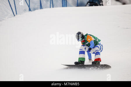 Pyeongchang, Südkorea. 12 Mär, 2018. Italiens Jacopo Luchini fällt während der Männer Snowboard Cross kleinen Finale SB-UL Der 2018 PyeongChang Winter Paralympic Games an Jeongseon Alpine Center, South Korea, 12. März 2018. Jacopo Luchini nahm den vierten Platz der Veranstaltung. Credit: Wang Jingqiang/Xinhua/Alamy leben Nachrichten Stockfoto