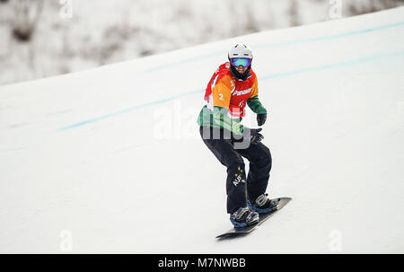 Pyeongchang, Südkorea. 12 Mär, 2018. Simon Patmore aus Australien konkurriert während der Männer Snowboard Cross Großen Finale SB-UL Der 2018 PyeongChang Winter Paralympic Games an Jeongseon Alpine Center, South Korea, 12. März 2018. Simon Patmore behauptete den Titel der Veranstaltung. Credit: Wang Jingqiang/Xinhua/Alamy leben Nachrichten Stockfoto