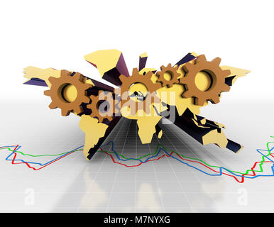 Global Finance, Weltkarte und Zahnräder Stockfoto