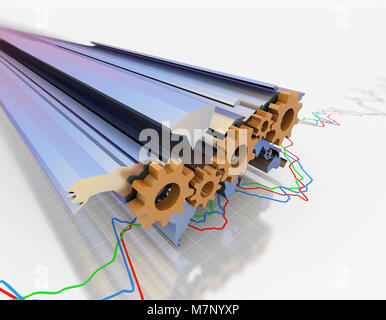 Global Finance, Weltkarte und Zahnräder Stockfoto