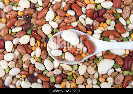 Flache Ansicht von oben 15 Bohnen Bohnen Salat oder Suppe auf einem weißen Löffel auf einem Haufen von Bohnen und Linsen. Stockfoto