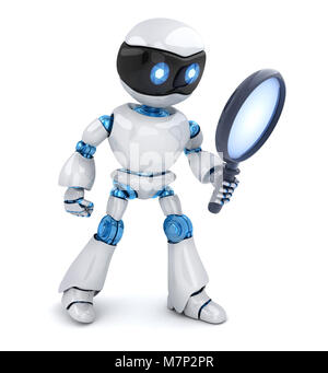 Suche Roboter und Objektiv auf weißem Hintergrund. 3D-Darstellung Stockfoto