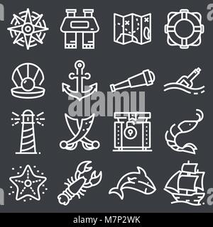 Nautische Vektor-illustration Icon Set. Die Symbole als Kapitän, Matrose, Wal, Meer, Schiff, Leuchtturm im Lieferumfang enthalten Stock Vektor