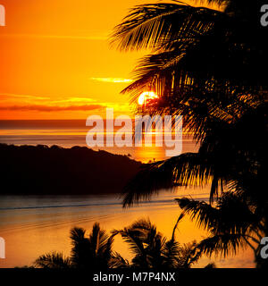 Sonnenaufgang über dem Atlantik auf tropischen Inseln Fidschi. Sehr warm, mit Kokospalmen im Vordergrund. Stockfoto