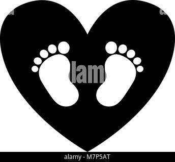 Baby Footprint innerhalb der schwarzen Herz Symbol auf weißem Hintergrund. Schwarze und weiße Vector Illustration, Logo, Symbol. Stock Vektor