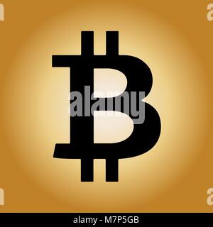 Schwarz bitcoin Zeichen Symbol auf radialen Farbverlauf goldenen Hintergrund. Vector Illustration, cryptocurrency Symbol, Symbol. Stock Vektor