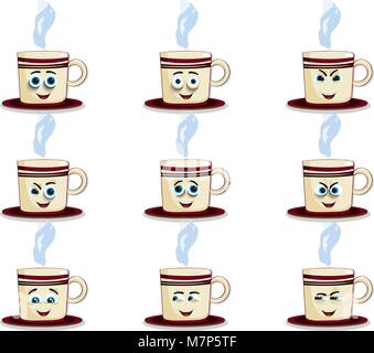 Cup emoji mit Wangen und Augen und ein Lächeln auf den Mund. Farbige schönen Doodle dampfenden Tassen Charakter in flachen Designs mit cute cartoon Gesichter. Hot co Stock Vektor