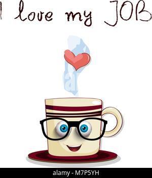 Cute cartoon dampfenden Tasse mit blauen Augen in Gläsern und Text ich meinen Job auf weißem Hintergrund Liebe. Vector Illustration, Symbol, clip art. Stock Vektor