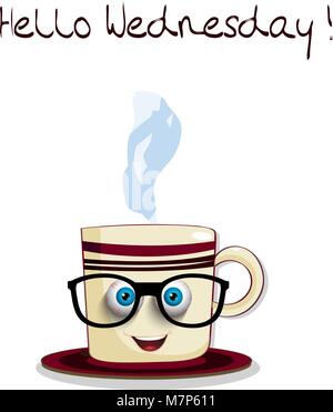 Cute cartoon lächelnd männlichen Schale mit blauen Augen in Gläsern und Hallo Mittwoch auf weißem Hintergrund. Vector Illustration, Symbol, clip art. Stock Vektor