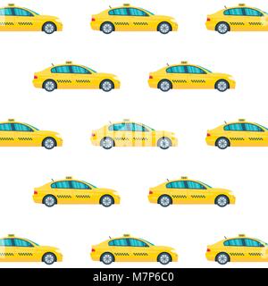 Nahtlose Muster mit Maschine yellow cab auf weißem Hintergrund. Öffentliches Taxi Service Konzept. Flache Vector Illustration. Stock Vektor