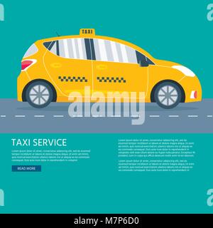 Plakat mit der Maschine yellow cab. Öffentliches Taxi Service Konzept. Flache Vector Illustration. Stock Vektor