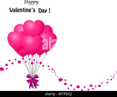 Happy Valentinstag Grusskarte mit Blumenstrauß rosa herzförmige Ballons verpackt mit festlichen Bug und Konfetti Wave aus kleinen Herzen mit spac Stock Vektor