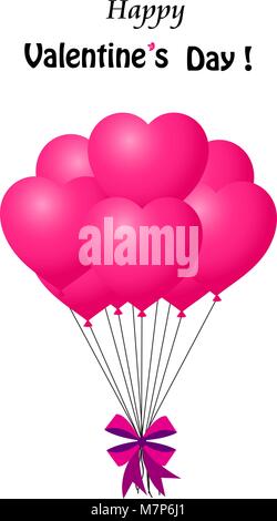 Happy Valentinstag Grusskarte mit Blumenstrauß rosa herzförmige Ballons verpackt mit festlichen Bogen fliegen für Party und Feiern mit Platz für Stock Vektor