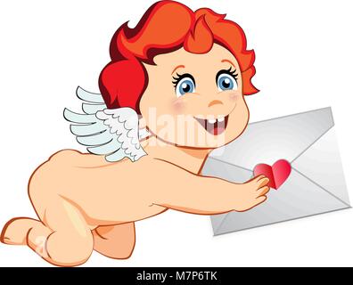 Cute cartoon Cupid oder Engel mit Ingwer Haar und weiße Flügel holding Umschlag in die Hände auf weißem Hintergrund. Zeichen für die Grußkarte auf Va Stock Vektor