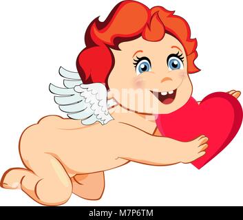 Cute cartoon Cupid oder Engel mit Ingwer Haar und weiße Flügel halten roten Herzen in die Hände auf weißem Hintergrund. Zeichen für die Grußkarte auf V Stock Vektor