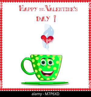 Happy st. Valentinstag Grußkarten mit cute Cartoon männlichen cup Charakter in eleganten herzen Rahmen. Grün Kaffeebecher mit lächelnden Gesicht, Augen und Hea Stock Vektor