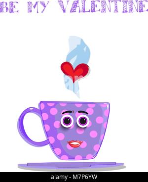 My Valentine Grußkarte mit cute Cartoon female cup Charakter sein. Violett Kaffeebecher mit rose Polka Dots, lächelndes Gesicht, Augen, Lippen und Herzen in St Stock Vektor