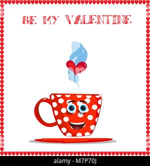 Meine valentine Karte mit niedlichen Lächeln rot Tasse mit weißen Tupfen Muster mit Herzen Rand eingerahmt werden. Vector Illustration, Liebe clip art, Gruß c Stock Vektor