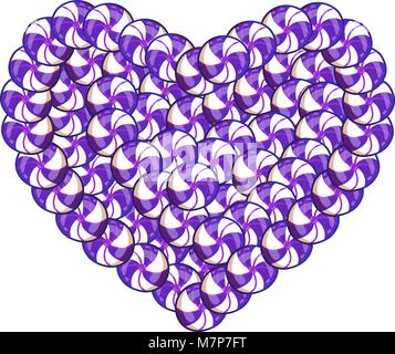 Süsses Herz aus Violett und Weiß Lutscher und Süßigkeiten auf weißem Hintergrund. Vector Illustration, clip art Symbol der Liebe für Design. Stock Vektor