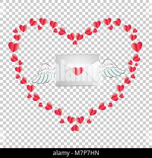 Vector Abbildung: Umschlag mit Herz Stempel und weiße Engel Flügel mit roten Herzen auf Transparenten Hintergrund eingerahmt. Clip Art für Valentin Stock Vektor