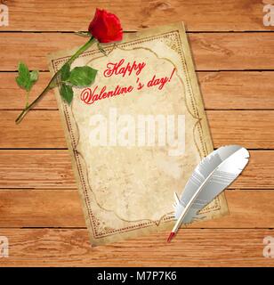 Happy Valentines Tag Template mit Platz für Text. Alte vintage Papier mit orientalischen alten Muster gerahmt, rote Rose und Feder Feder auf rustikalen Holzmöbeln p Stock Vektor
