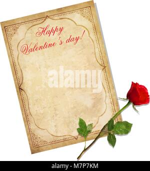 Valentinstag Grusskarten. Alte grungy Papier mit orientalischen Ornament, Tag's Titel Happy Valentine und Rot elegante Rose auf weißen isoliert. Abgenutzte templa Stock Vektor