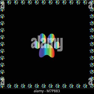 Regenbogen Tier s Pfotenabdruck mit bunte Pfotenabdrücke track square Grenze Rahmen auf schwarzem Hintergrund eingerahmt. Vector Illustration, ich Stock Vektor