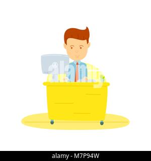 Glücklich der Mann bei der Arbeit im Büro, Business man Arbeiten auf dem Desktop Computer, jungen Mann bei der Arbeit im Büro, Vector Illustration cartoon Charakter, Wh Stock Vektor