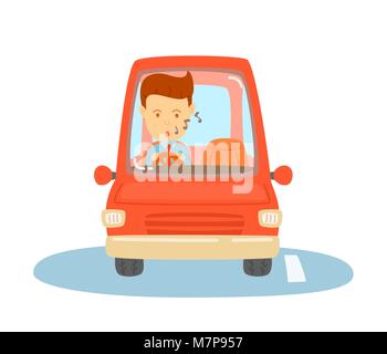 Glücklich Mann, der ein rotes Auto, Business Menschen wird im betrieblichen Alltag eines Mannes, niedliche Vector, cartooning Stil, bunte Illustration Stock Vektor