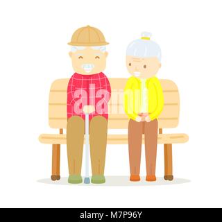 Älteres Paar sitzt auf der Bank, gerne alte Mann sitzt mit alten Dame auf der Werkbank outdoor, alter Mann im Gespräch mit alten Dame und lächelnd, Die Liebe der älteren Paar Stock Vektor