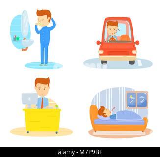 Tägliche Routine von einem Geschäftsmann, Zähneputzen am Morgen, fahren Auto klicken Sie auf Arbeitsplatz, Arbeiten im Büro, im Schlafzimmer in der Nacht schlafen, stilisierte c Stock Vektor