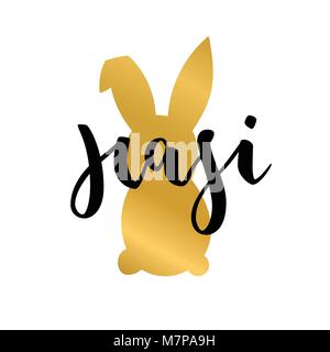 Hasi, Ostern Kaninchen Deutsche text Schrift Kalligraphie. Frohe Ostern. Vector Font mit goldenen Kaninchen auf weißem Hintergrund. Toll für Grußkarten, Poster, Aufkleber. Pinsel Tinte moderne handlettering. Stock Vektor