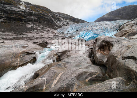 Vordere Moräne des Nigardsbreen Gletscher Jostedalsbreen Nationalpark, Norwegen. Stockfoto