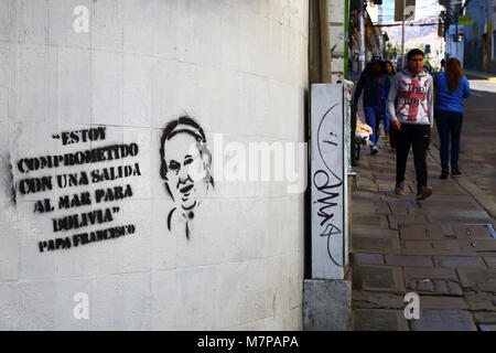 Graffiti mit angeblichen Zitat von Papst Franziskus unterstützt die Forderung gegen Bolivien Chile für souveränen Zugang zur Pacific Coast, La Paz, Bolivien Stockfoto