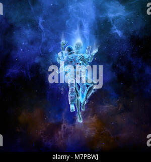 Deep space Umarmung/3D-Darstellung der Astronaut die Begegnung mit weiblichen technologischen Einheit Stockfoto