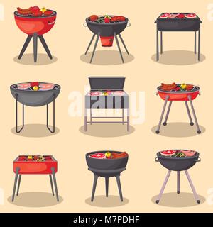Grill mit Lebensmitteln isoliert gesetzt Stock Vektor