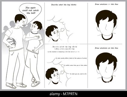 Pädagogische Aufgabe für Kinder in Form eines Comics mit Zuordnungen der Konfliktlösung. Konfliktlösung Analyse. Aggression auf einem Nicht-cau Stock Vektor