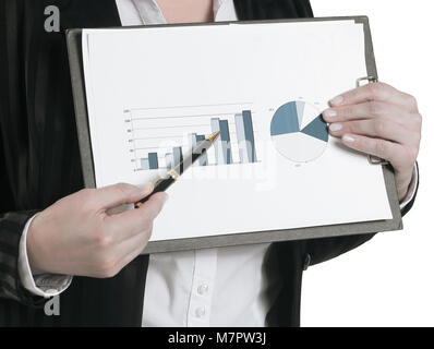 Closeup.business Frau, Grafik auf finanzielle. Stockfoto