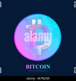 Bitcoin. Physikalische bit Münze. Bitcoin digitale Währung Münze Schäden World Finance System. Cryptocurrency. Virtuelles Geld. Welt Karte Punkt Hintergrund. Vector Illustration. Stock Vektor