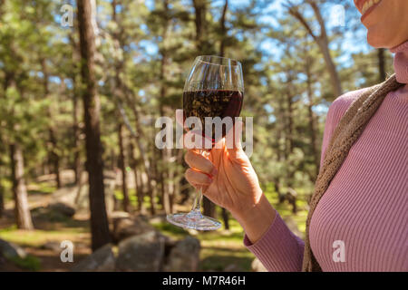 Frau mit einem Glas Wein bei einem Picknick im Wald Stockfoto