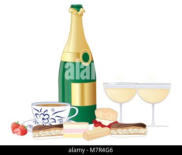 Ein Vektor Abbildung im EPS 10 Format für einen Nachmittagstee mit Flasche Champagner Gläser Tasse Tee und frischem Kuchen auf weißem Hintergrund Stock Vektor