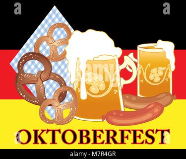 Ein Vektor Abbildung im EPS 10-Format von einer Werbung für Oktoberfest mit goldenen Bier in Fancy tankards Brezeln und Wurst Stock Vektor