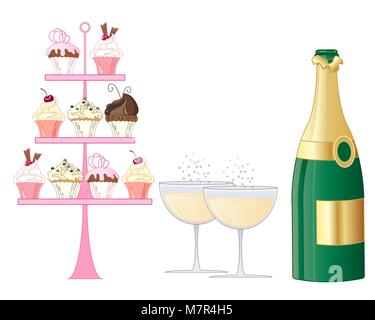 Ein Vektor Abbildung im EPS 10 Format von einem prickelnden Champagner Nachmittag Kaffee mit Torte und Flasche auf weißem Hintergrund Stock Vektor