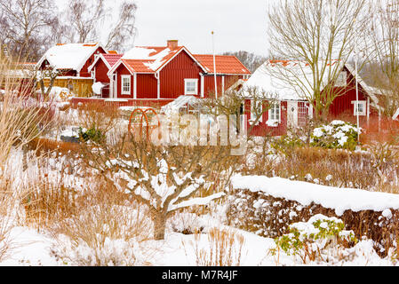 Zuteilung Dorf Brandaholm in Karlskrona, Schweden, und die Gärten im späten Winter oder frühen Frühling mit auftauen Schnee auf Kabine Dächern. Stockfoto