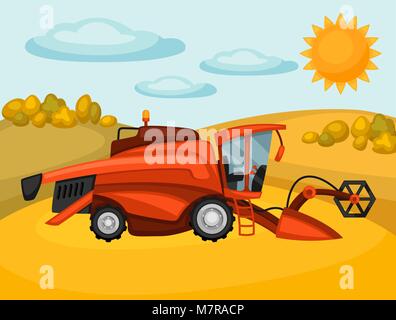 Mähdrescher auf Weizenfeld. Landwirtschaftliche Abbildung Bauernhof Landschaft Stock Vektor