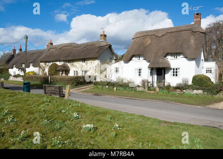 Charmante reetgedeckte Cottages in Martin Dorf in Hampshire, Großbritannien, mit Schneeglöckchen auf dem Dorfplatz Stockfoto