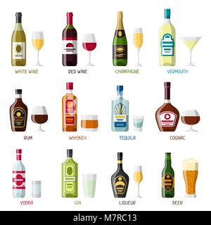Alkohol Getränke Icon Set. Flaschen, Gläser für Restaurants und Bars Stock Vektor