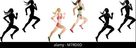 Frauen Läufer Sprinter: Schwarze und farbige Silhouette Stock Vektor